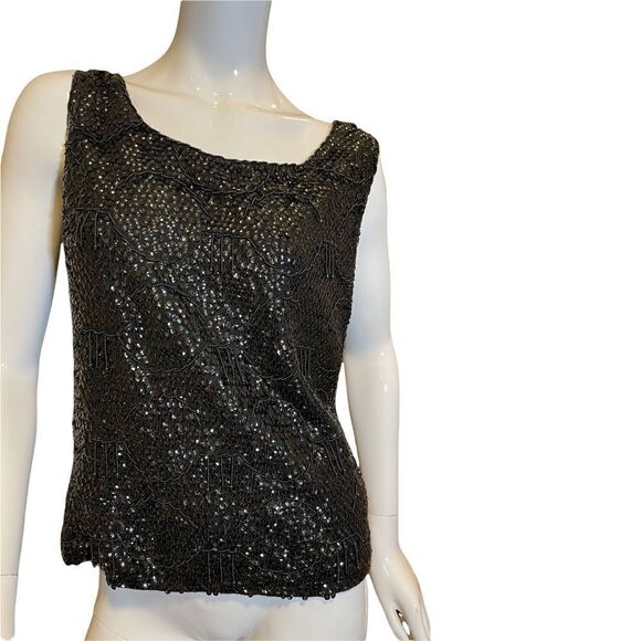 Vintage 1960s Black Sequined Crystal Embellishments Scalloped Formal Party Top M - Picture 4 of 17